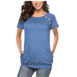 🌹TEMOFON NAVY BUTTON DETAIL SHORT SLEEVE TOP